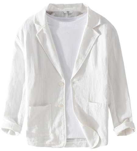 GIBZ Blazers de Lino para Primavera y Verano para Hombre Chaqueta de Traje Sencilla y Versátil con Solapa con Muescas Blazer Abrigo Deportivo de 2 Botones con Bolsillo Blanco M
