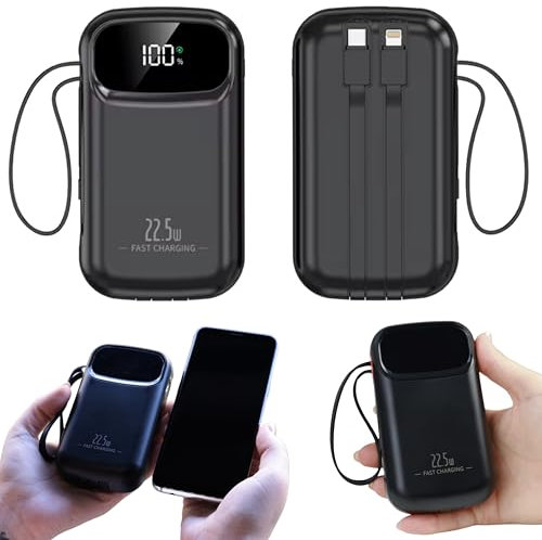 Bateria Externa Carga Rapida, 20000mAh Power Bank Carga Rápida, con Cables USB y USB C, Batería Portatil para iPhone, con Cables Integrados, Compatible con Samsung iPad Macbook Negra.