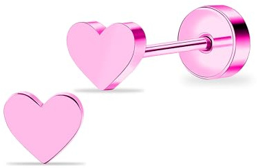 Artskin Women Flat Back Stud Earrings Titanium Hypoallergenic Girls Earrings Studs for Sensitive Ears Simple Classic 5mm Flat Stud Earrings for Helix Tragus Cartilage (Heart - Pink)