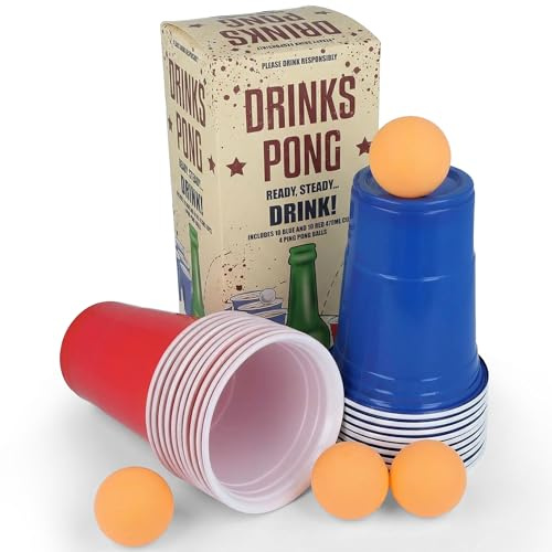EVOKK Beer Pong Game Set/ 24-Piece Pong Set Drinking Games 16oz Blue & Red Plastic Cups Pong Games for Students Birthday Parties Fun Drinking Game Games for Adults. (Yellow Balls)