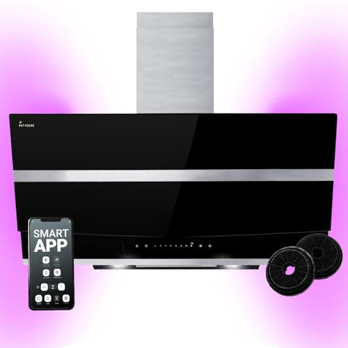 Hotte aspirante cuisine 90 cm | Hotte Murale Inclinées | acier inoxydable | verre noir | WiFi | arrête automatiquement | éclairage LED RVB | Opération tactile | HERMES9005SM