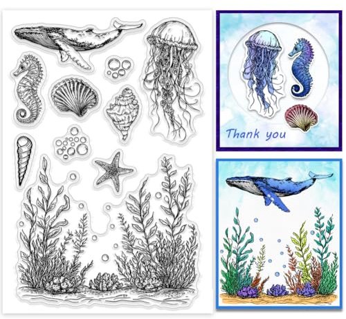 PH PandaHall Sea Animals Clear Stamp for Scrapbooking, Shell Seahorse Starfish Silicone Stamp Jellyfish Sea Grass Transparent Rubber Stamp for Card Making Decoration, Book, Journal, Gift Tags
