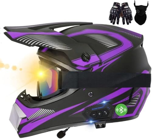 Casques Moto Cross Bluetooth, ECE Homologué, Casques De Motocross avec Gants/Lunettes/Masque, Confortable Et Ventilé, Sûr, Convient pour Motocross, VTT, Cross-Bike, BMX B,S55-56CM