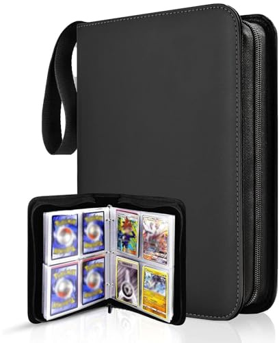 Álbum de Colección de Cartas 9 Bolsillos Negro, Capacidad para 400 Cartas - Carpeta Impermeable para Cartas con Carga Lateral y Cremallera para TCG, Fútbol y Coleccionables