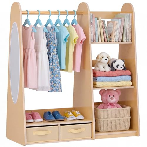VEVOR Penderie Enfant avec Miroir, Armoire Enfant en Bois avec Étagères, Bacs de Rangement et Tringle à Vêtements, Organisateur de Déguisements pour Fille, Meuble pour Chambre, Salle de Jeux, Naturel