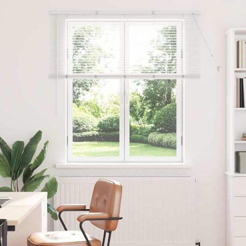 Persiana veneciana de aluminio 130 x 135 cm, color blanco, con láminas ajustables para control de luz y privacidad, mecanismo manual, montaje interior, acabado fácil de limpiar