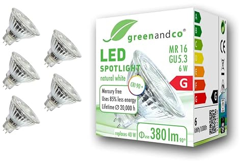 5x greenandco CRI 90+ 4000K 36° LED-spot ersätter 40W GU5.3 MR16 halogenstrålkastare, 6W 380lm neutralvit 12V AC/DC, flimmerfri, inte dimbar