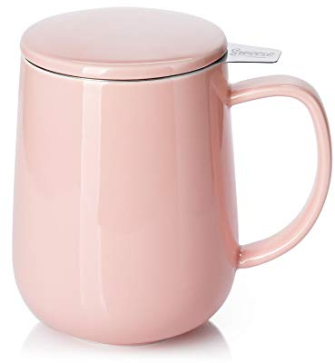 Sweese 20 OZ Porcelain Tea Mug with Infuser and Lid, Loose Leaf Tea Cup, Gifts for Tea Lover - Pink