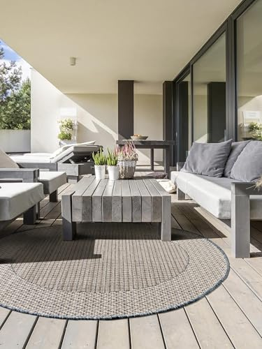benuta Nest Teppich River - Kunstfaser - Beige/Blau 130x130 cm rund - Outdoor geeignet - rund & im Style: Bordüre, Ethno-Style - Pflegeleicht für Wohnzimmer Schlafzimmer