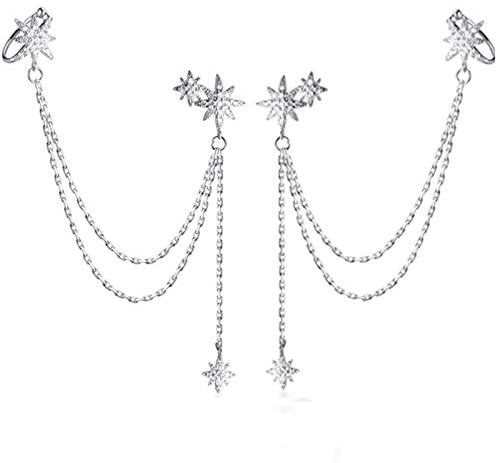 SLUYNZ 925 Sterling Silber Stern Manschette Ohrringe Kette für Damen Lange Ohrringe Hängend