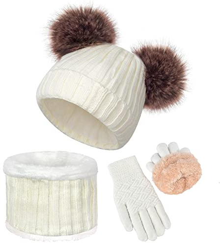 Kids Hat Scarf Gloves Set Girls Winter Warm Knit Beanie Soft Thick Fleece Lining Cap with Cute Double Fur Pom Pom White Toddler Children Baby Cold Weather Snow Accessories Crochet 6-10 Years