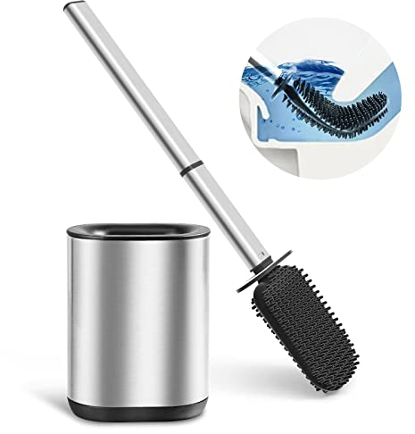 COSICOSY Toilet Brush, Stainless Steel Silicone Toilet Brush and Holder Flexible Soft Silicone Toilet Brush for Deep Cleaning with Long Handle Wall Mounted Silver