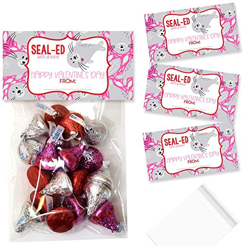 Amanda Creation Sealed With A Kiss Seal Themed Happy Valentine's Day Bag Toppers for Party Favor Treat Bags, Set of 20 Bag Toppers With 20 Self-Adhesive Bags Also Included
