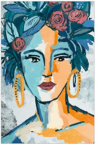 ROCKING GIFTS Cuadro Decorativo Pintura al Óleo a Mano Mujer Abstracta con Flores, Lienzo Enmarcado Colores Azules y Turquesas, Decoración Pared Elegante 60 x 90 cm