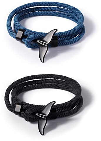 FINEASY 2 Pezzi Braccialetto Nautico Regolabilie, in CordaIntrecciata con Balena per Uomo Donna, Bracciale Uomo Surfer, Sportivo, Marinaresco, Corda per Navigare (Nero+Blu Navy)