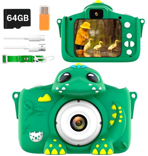 Kinderkamera Digitalkamera 1080P 2.0 Zoll Bildschirm Fotokamera Kinder Kamera Fotoapparat mit 64GB Karte für 3-10 Jahre Mädchen/Jungen Geschenk Spielzeug Geburtstags Weihnachten-Dinosaurier