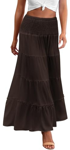 Zeagoo Women's Long Maxi Skirts Tiered High Waist Boho Elastic Layered A-Line Casual Midi Dress Brown