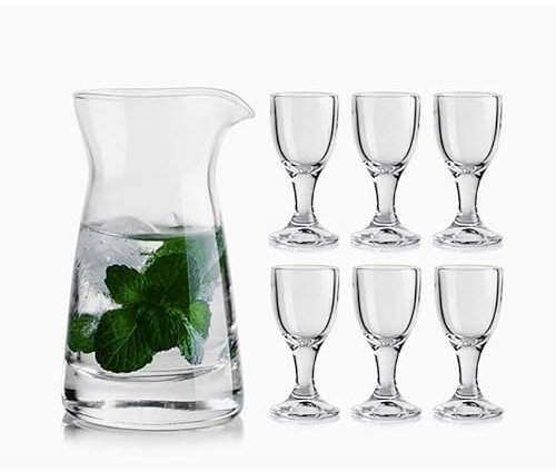 MEMEOKON 6+1 set of Cups with Decanter Unique Mini Wine Shot Glasses Sake Spirits Cup Clear Alcohol Mini liquor Shot Glass luxur Drinking