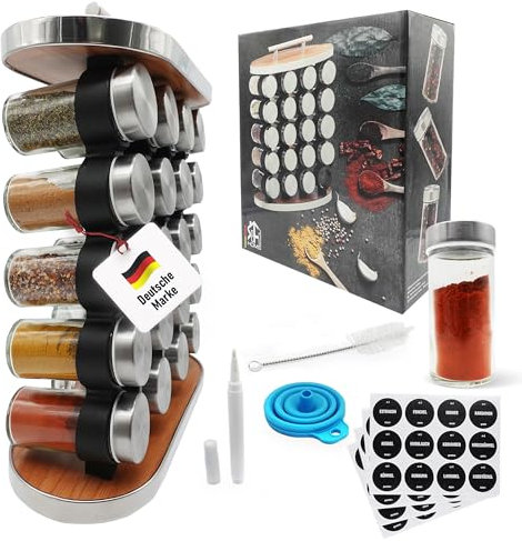 SEFa Home Gewürzregal, Gewürzständer für Ordnung in deiner Küche. Gewürzorganizer, stehend mit Griff, 20 Gewürzgläser à 100ml. mit Aluminiumdeckel.