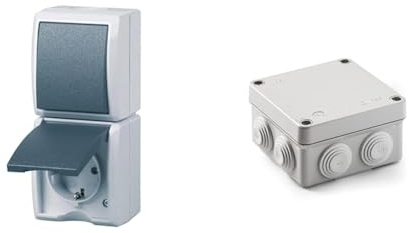 REV AquaForm, Steckdose - A/W Schalterkombi, IP44, einpolig, Aufputz, senkrecht, grau & FAMATEL – Wasserdichte Abzweigdose IP55 I Hologenfrei | Hohe Schlagfestigkeit