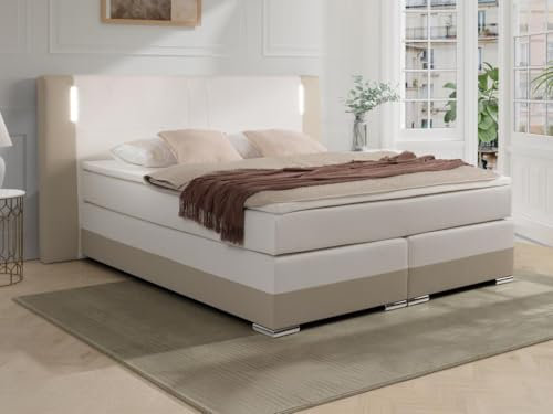 Vente-unique - Ensemble Complet boxspring tête de lit avec LEDs + sommiers + Matelas + surmatelas - 200 x 200 cm - Simili - Créme et Blanc - ASTI II de YSMÉE