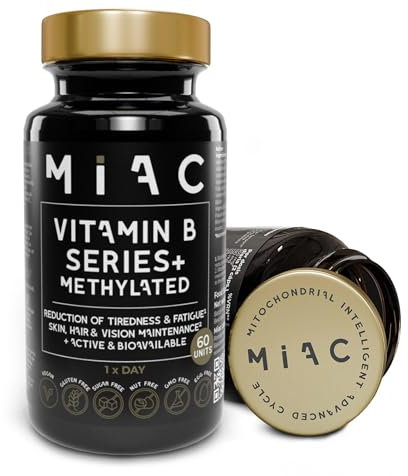 MIAC Vitamina B Series Complex - 60 Cápsulas 2 Meses - Complejo B Completo con Vitaminas B1, B2, B3, B4, B5, B7 (Biotina), B9 (Ácido Fólico), B12 - X5 Pureza Superior - Vegano Sin Gluten