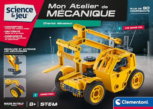 Clementoni | Chariot Élévateur à Construire pour Enfant 8 Ans+ |Mon Atelier de Mécanique |Jouet STEM | Plus de 90 Pièces | Bras Télescopique | Instructions 3D Incluses | Ideé Cadeau | Kit Méchanique