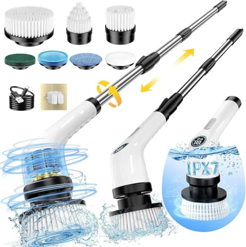FYDEE Electric Spin Scrubber, Cordless Cleaning Brush with 7 Replaceable Brush Heads, IPX7 Bathroom Cleaner Brush, Shower Power Scrubber, Rechargeable Scrubber for Kitchen, Bathroom, Tile, and Floor