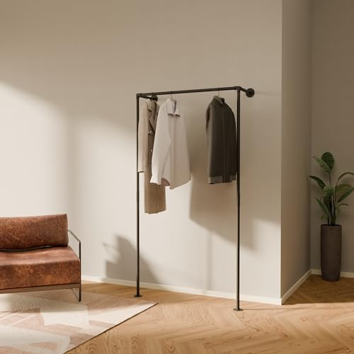 pamo Barra de ropa de pared estilo industrial – Carga 120 kg – Perchero metálico negro con tubos de acero – Para vestidor abierto o armario sin puertas – Robusto y fácil de instalar