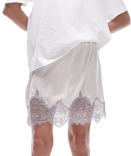 Amiblvowa Women Lace Silk Satin Half Slip Skirt Y2K Low Rise Lace Trim Underskirts Flowy A Line Short Skirt Fairy Mini Skirt