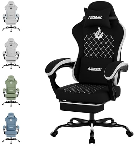 NIONIK Gaming Stuhl, Ergonomischer Bürostuhl mit Fußstütze & Lordosenstütze, Höhenverstellbarer Schreibtischstuhl für Erwachsene, PC Gaming Stuhl für E-Sports, E-Sport, Streaming und Homeoffice