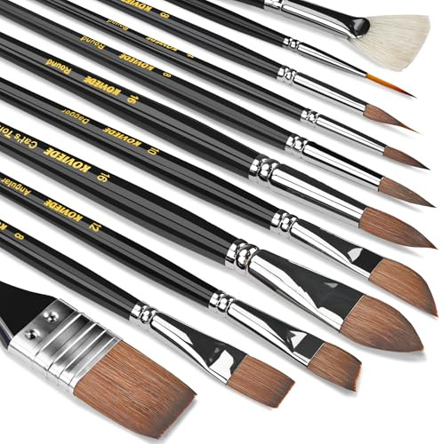 Aquarellpinsel Set für Künstler – 11 Professionelles Aquarellmalpinsel-Set mit verschiedenen Formen: Fächer, Nadelschnitt, schräg, Dagger und Katzenzungen für Aquarell-, Gouache- und Tuschemalerei