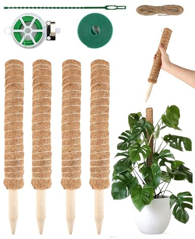 PaxCulina 4 Pezzi Asta Muschio Monstera 40 cm - Supporto per Piante in Fibra di Cocco per Monstera, Piante Espandibili e Rampicanti