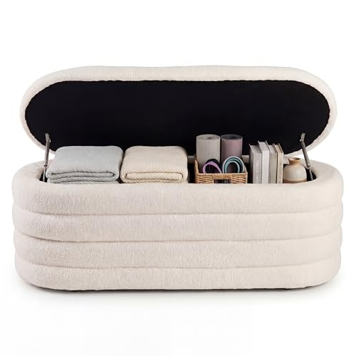 SOARS Pouf Coffre de Rangement, Banc de Rangment en Tissu Bouclé avec Assise Rembourrée, Couvercle Relevable, Patins Antidérapants, Bout de Lit Style Moderne pour Entrée/Chambre/Salon