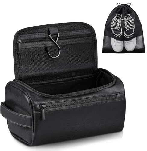 Zocipro Beauty Case Uomo in Pelle PU con Sacchetti Scarpe – Borsa da Toilette uomo Grande, Necessaire da Viaggio Maschile con 3 Scomparti, Gancio e Manico per Viaggio, Palestra & Rasatura, Nero