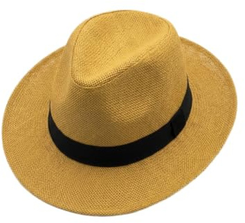 OUTLETISSIMO® Unisex sommar Panamahatt med lätt halm med svart band, andningsbar solhatt för hav, strand och resor, justerbar avslappnad Fedora-stil - ljusbrun V027