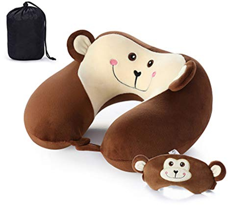 GLITZFAS Memory Foam Reisekissen Kinder Nackenkissen Niedliche Tierform Nackenhörnchen Kopfstütze Baby Reise Schlafkissen mit Augenabdeckung Aufbewahrungstasche (AFFE)
