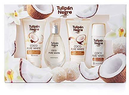 Tulipán Negro - Coco Pure White, Estuche de Regalo Unisex, Colonia 50 ml + Loción Corporal 75 ml + Gel de Baño 75 ml + Desodorante Spray 50 ml, Fragancia Exótica de Larga Duración