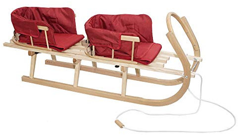 Släde Duo av trä, träsläde för två barn med två ryggstöd, kälke, Davos-släde av trä med ett säkerhetsbälte, ryggstöd och madrass, för barn och vuxna. (natur/röd)