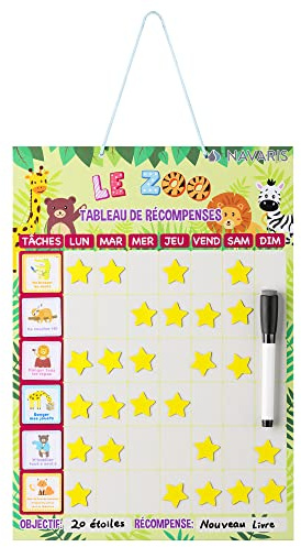Navaris Tabla de recompensas para niños - Pizarra magnética Infantil en francés para recompensar Buena conducta - Tablero y 62x imán - 39.4 x 28cm