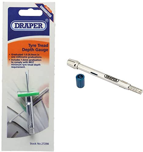 Draper 27298 Tyre Tread Depth Gauge, 1mm-26mm, Blue & 51536 Tyre Pressure Gauge