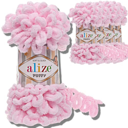 Alize 5 x 100 g puffy turkisk ull, superBulky chenillegarn, gosigt mjukt babyull, handstickgarn för virkning, mjukt chenillegarn, XXL-nystan för amigurumi (babyrosa | 31)