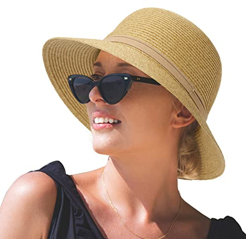 Comhats Sun Hats for Womens, Ladies Summer Sun Protection Beach Straw Hats UPF 50 Wide Brim Packable Adjustable Khaki Medium