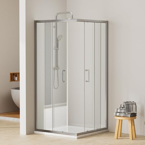 EMKE Duschkabine 90x90x195cm Eckeinstieg Duschschiebetür Eckduschkabine Doppel Schiebetür Design Sicherheitsglas Duschabtrennung Chrom Duschtür
