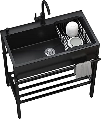 Spuelbecken Edelstahl Schwarz,Freistehende Küchenspüle Spültisch 1 Becken,Spüle Moderne Küchenzeile,Waschtisch Mit Wasserhahn-Ablaufset,Waschbecken Für Außen Innen Bad Gäste WC Küche ( Size : 60*45*86
