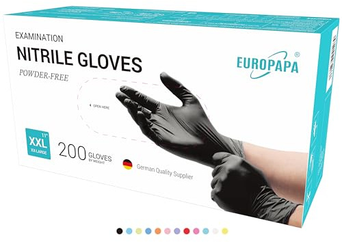EUROPAPA® 200 guanti usa e getta in nitrile senza polvere EN455 EN374, guanti monouso senza lattice, taglie S, M, L & XL disponibili (XXL, Nero)