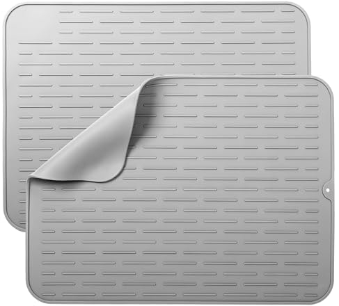2 Pezzi Tappetino Scolapiatti in Silicone, 40 x 30 cm Scolapiatti da Appoggio Resistente al Calore, Tappetino Drenante Cucina, Antiscivolo Scolapiatti da Lavello, Sgocciolatoio per Lavello(Grigio)
