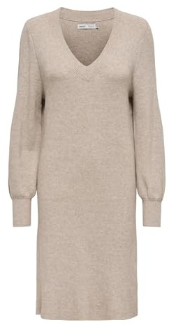 ONLY Robe en Tricot midi col en V Manches Ballon élégant pour Femme, Couleurs:Beige, Taille:S