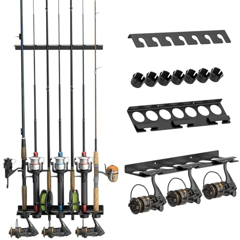CLESOO Porta Canne da Pesca, Portacanne da Pesca da Muro Verticale o Orizzontale Montato, Supporti per Canne in Plastica Metallica con Capacità di 7 Canne da Pesca per Garage, Barca da Pesca