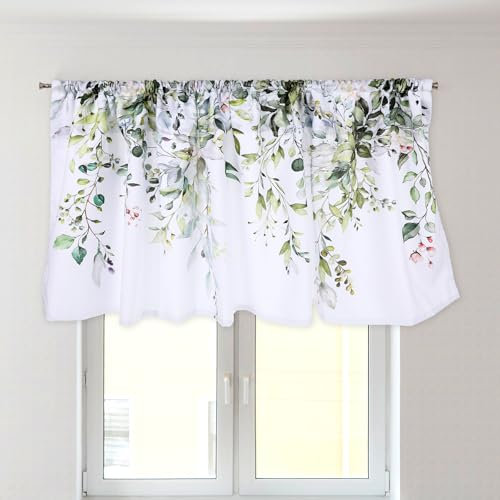 Sage Green Eucalyptus Curtain Valance for Windows Berry Branch Plant Curtains Valances Short Panels Watercolor Eucalyptus Leaves Retro Window Treatment Topper Curtains, 1 Panel 54 x 18 In